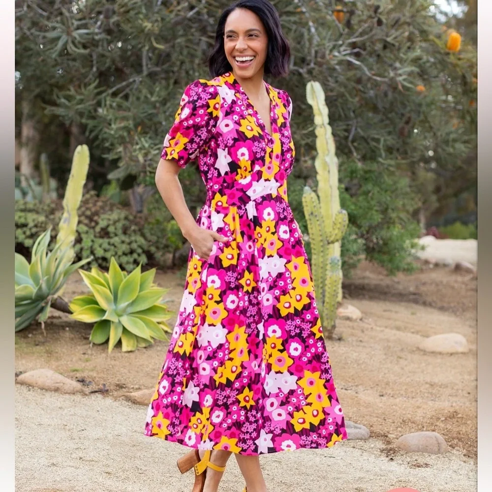 Lesley Evers,CAROLINE Daffodils Dress,Pockets, Lined, Pull-On, PERFECT,Size XS